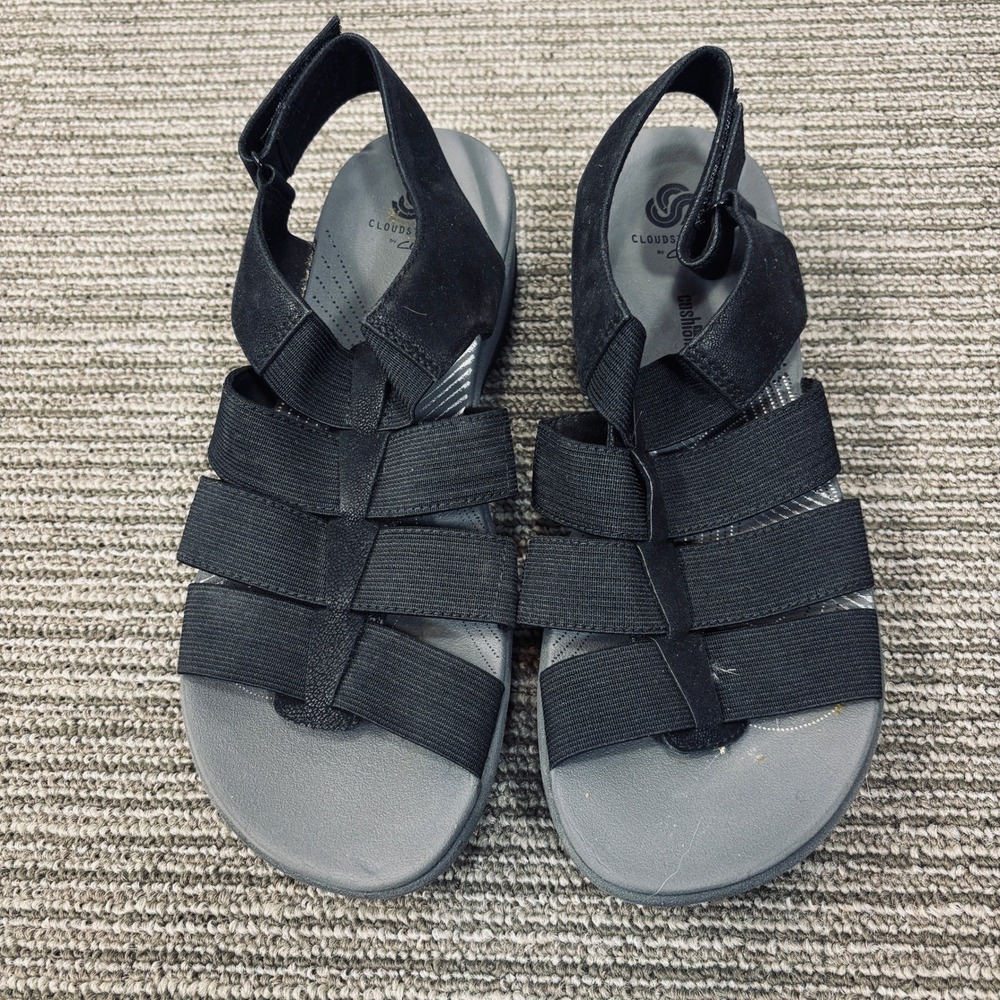 Clarks Cloudsteppers Arla Glison Sandals Womens 7.5 Black Elastic Strappy Wedge